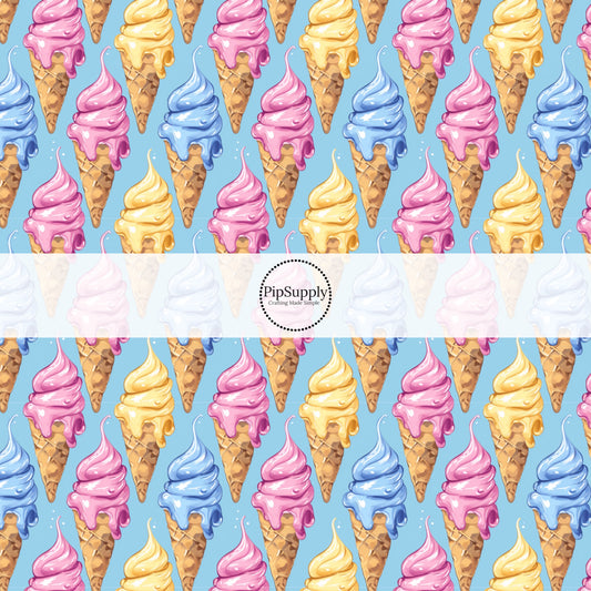 This ice cream fabric by the yard features ice cream cones on blue. This fun themed fabric can be used for all your sewing and crafting needs!