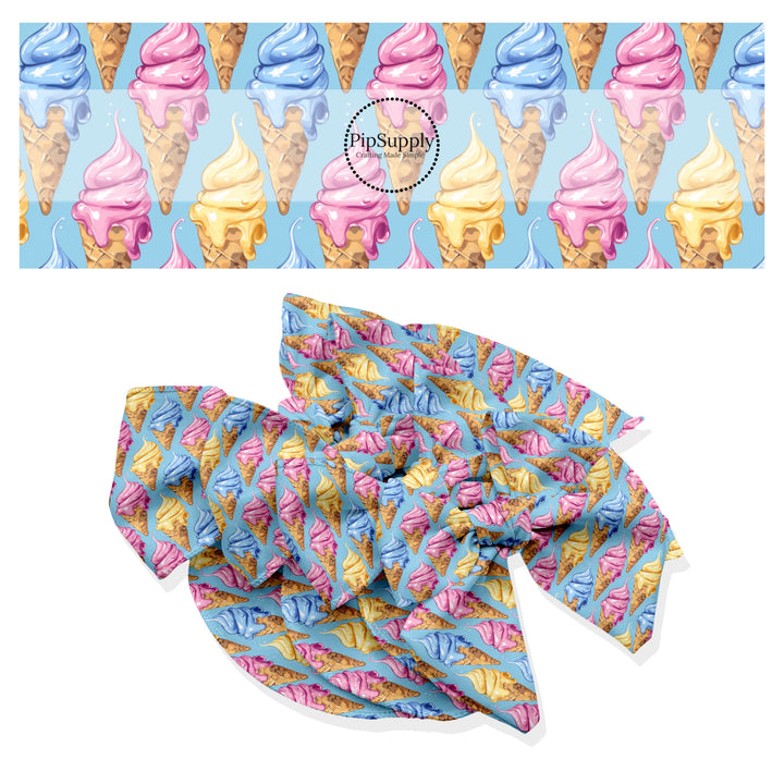 These ice cream themed no sew bow strips can be easily tied and attached to a clip for a finished hair bow. These patterned bow strips are great for personal use or to sell. These bow strips feature ice cream cones on blue.