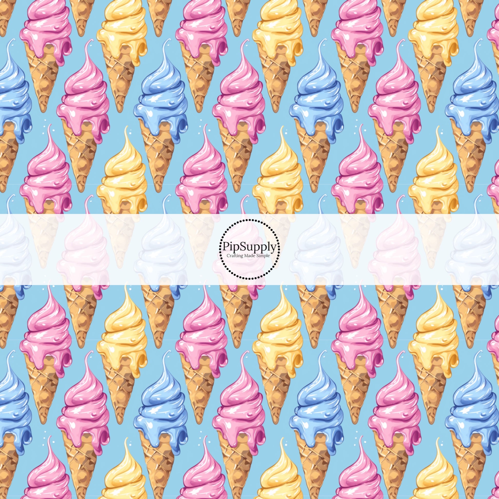 These ice cream themed no sew bow strips can be easily tied and attached to a clip for a finished hair bow. These patterned bow strips are great for personal use or to sell. These bow strips feature ice cream cones on blue.