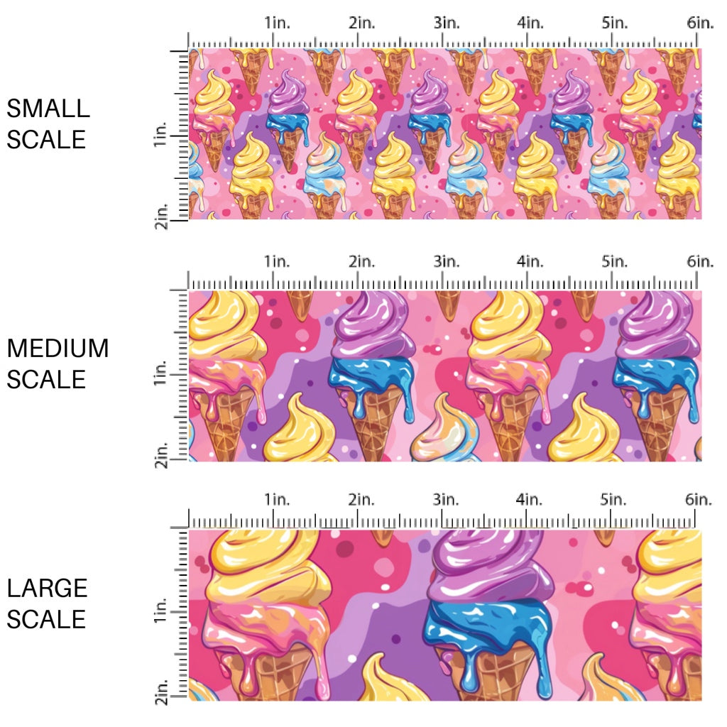 This scale chart of small scale, medium scale, and large scale of this ice cream fabric by the yard features ice cream cones on pink. This fun themed fabric can be used for all your sewing and crafting needs!