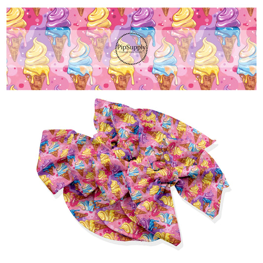 These ice cream themed no sew bow strips can be easily tied and attached to a clip for a finished hair bow. These patterned bow strips are great for personal use or to sell. These bow strips feature ice cream cones on pink.