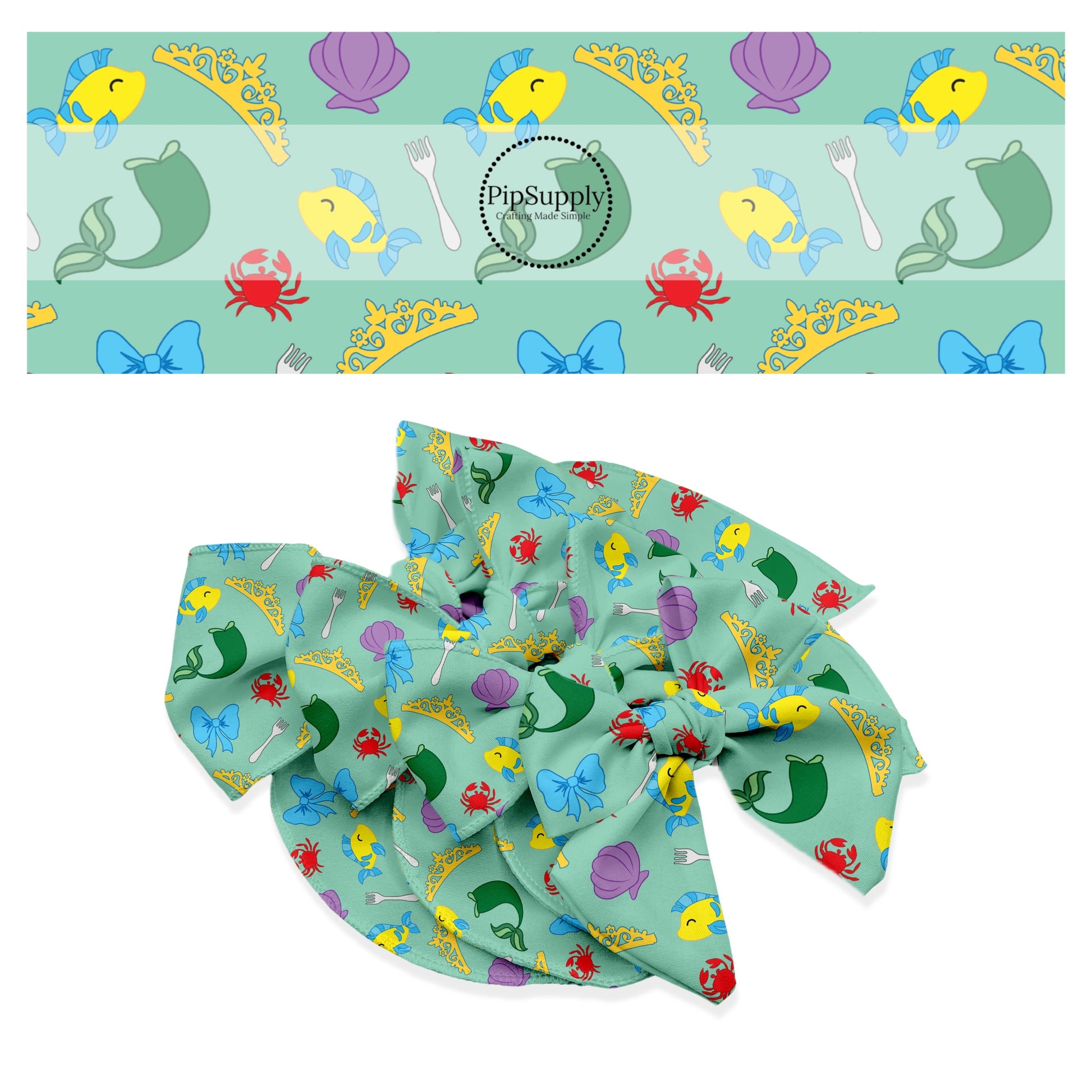 Yellow fish, crab, crowns, mermaid tail, seashell, and fork on green bow strips