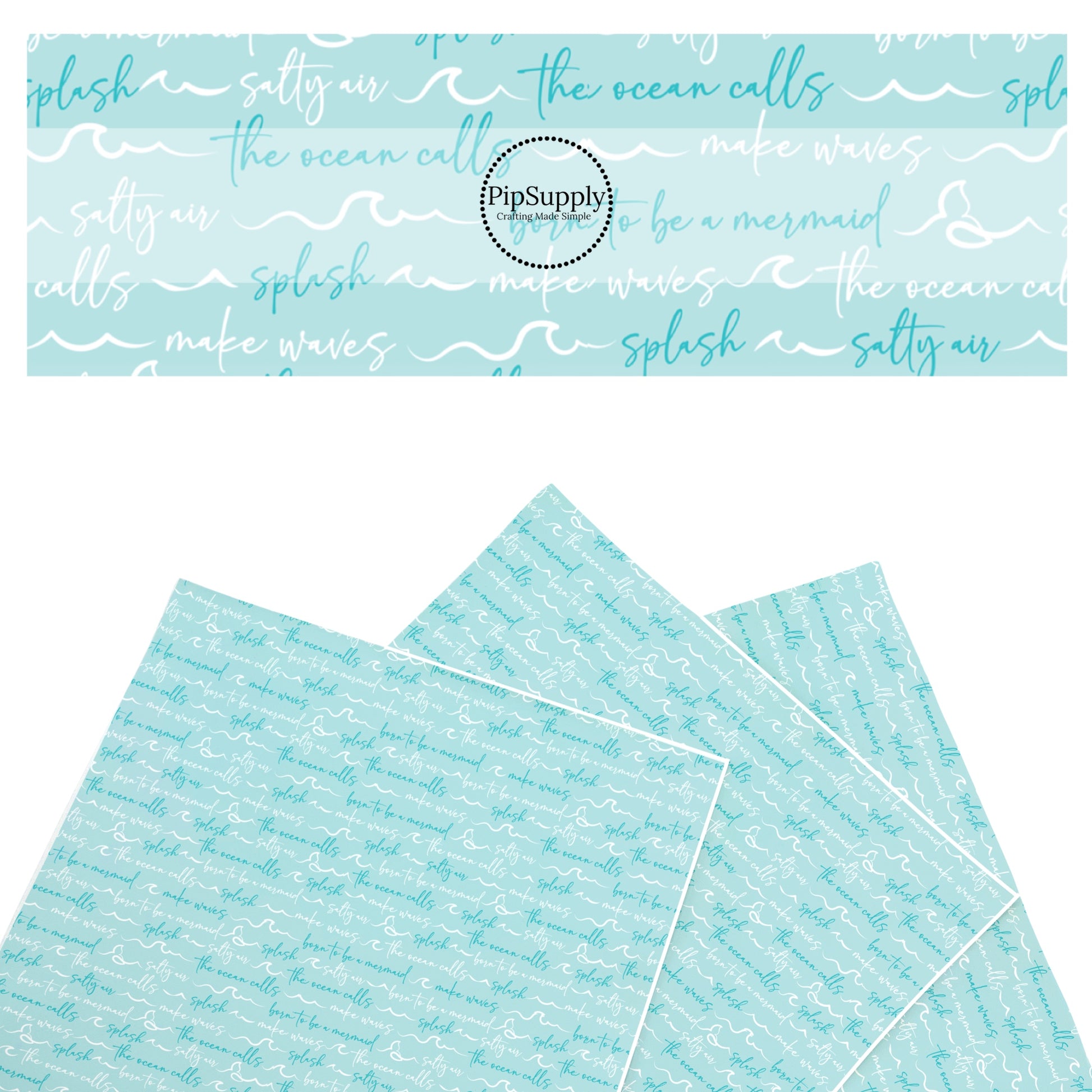 These beach faux leather sheets contain the following design elements: white and blue mermaid sayings on blue. Our CPSIA compliant faux leather sheets or rolls can be used for all types of crafting projects.