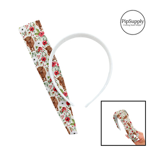Brown cows with red and green florals on white knotted headband kit