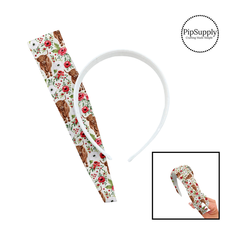 Brown cows with red and green florals on white knotted headband kit