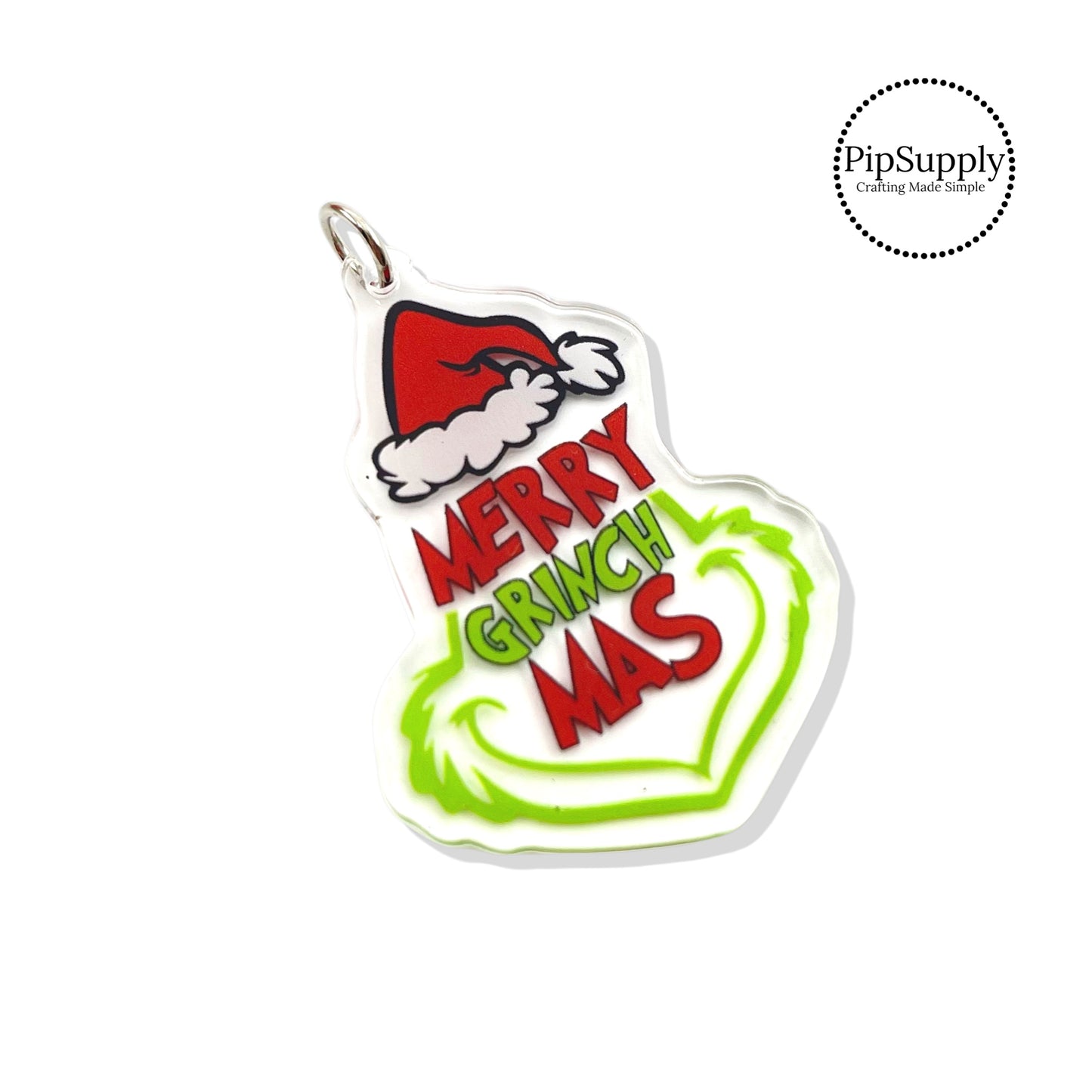Red santa hat on mean green christmas character acrylic pendant