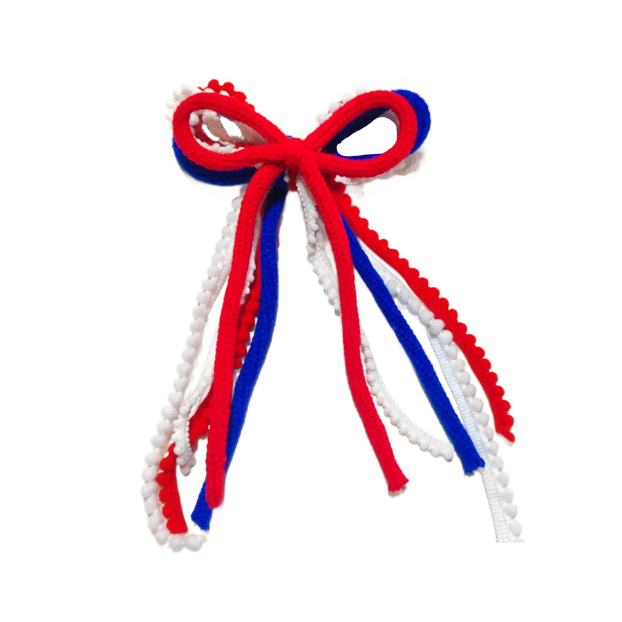 These red, white, and blue ribbon tied bows are ready to package and resell to your customers no sewing or measuring necessary! These hair bows come with a clip already attached.