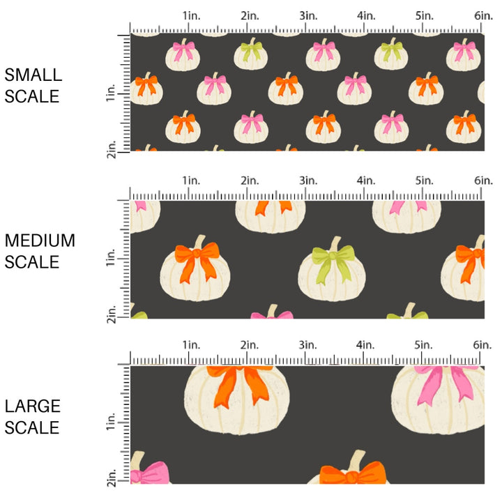 This scale chart of these Halloween themed pattern fabric by the yard features the following design elements: white pumpkins with bows on gray. This fun themed fabric can be used for all your sewing and crafting needs!