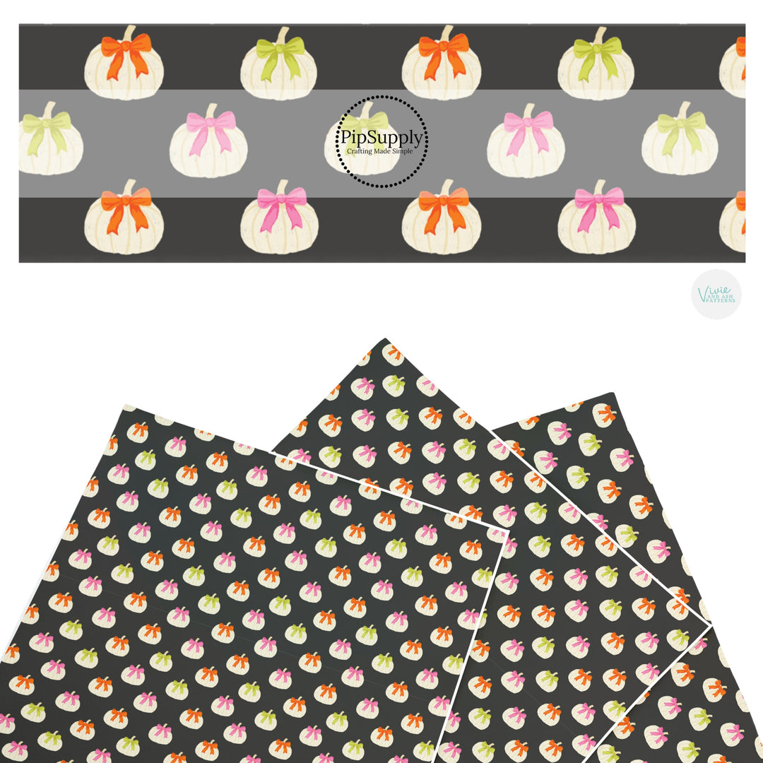 These Halloween themed pattern faux leather sheets contain the following design elements: white pumpkins with bows on gray. Our CPSIA compliant faux leather sheets or rolls can be used for all types of crafting projects.