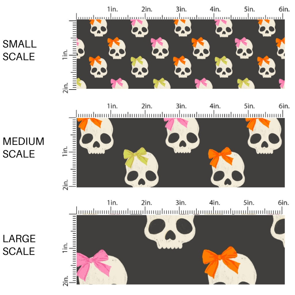 These Halloween themed pattern fabric by the yard features the following design elements: white skulls with bows on gray. This fun themed fabric can be used for all your sewing and crafting needs!