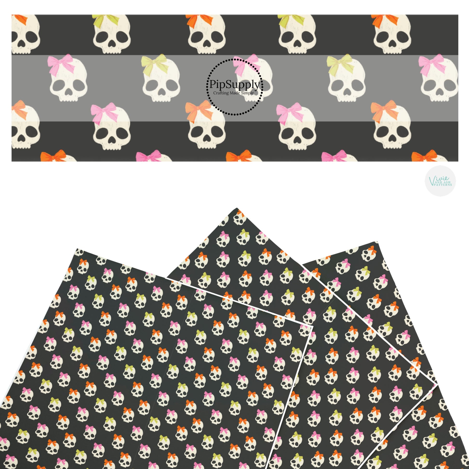 These Halloween themed pattern faux leather sheets contain the following design elements: white skulls with bows on gray. Our CPSIA compliant faux leather sheets or rolls can be used for all types of crafting projects.