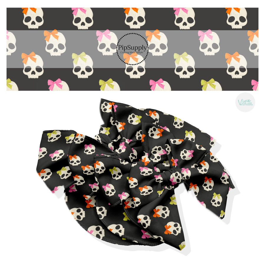 These Halloween themed no sew bow strips can be easily tied and attached to a clip for a finished hair bow. These fun patterned bow strips are great for personal use or to sell. These bow strips feature the following design elements: white skulls with bows on gray.