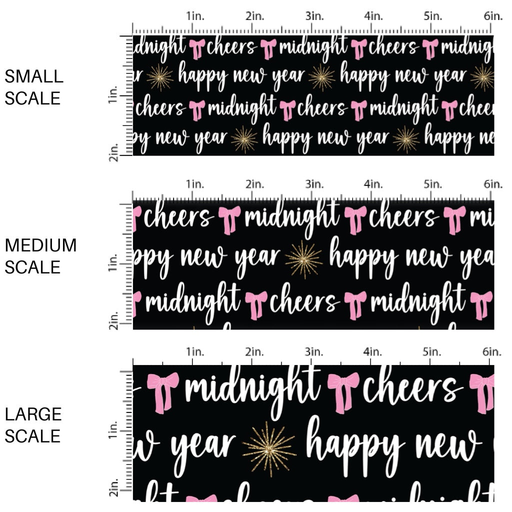 This holiday fabric by the yard features New Year sayings and pink bows. This festive pattern fabric can be used for all your sewing and crafting needs!