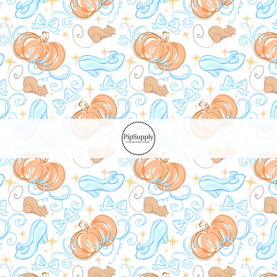 These magical princess themed fabric by the yard features bows, glass slippers, and pumpkin carriages. This fun pattern fabric can be used for all your sewing and crafting needs!