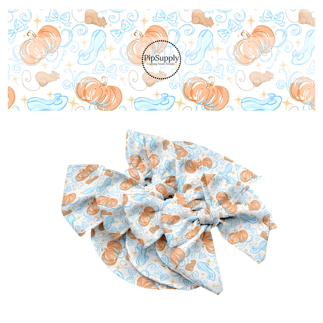 These magical princess themed no sew bow strips can be easily tied and attached to a clip for a finished hair bow. These bow strips are great for personal use or to sell. These bow strips feature the following design elements: bows, glass slippers, and pumpkin carriages.