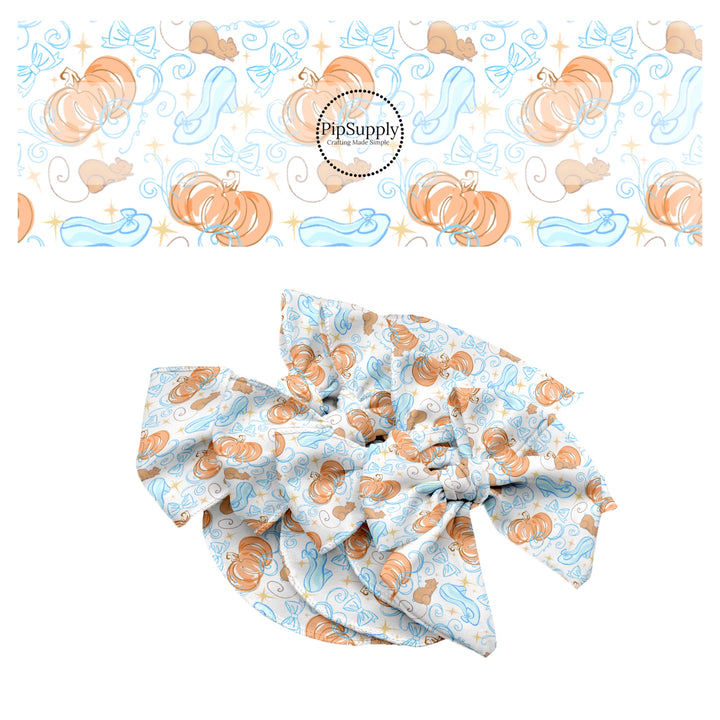 These magical princess themed no sew bow strips can be easily tied and attached to a clip for a finished hair bow. These bow strips are great for personal use or to sell. These bow strips feature the following design elements: bows, glass slippers, and pumpkin carriages.
