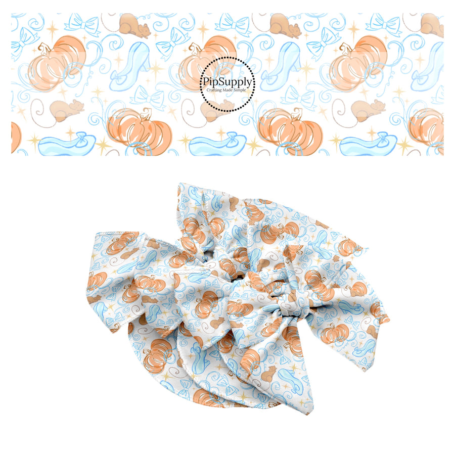 These magical princess themed no sew bow strips can be easily tied and attached to a clip for a finished hair bow. These bow strips are great for personal use or to sell. These bow strips feature the following design elements: bows, glass slippers, and pumpkin carriages.
