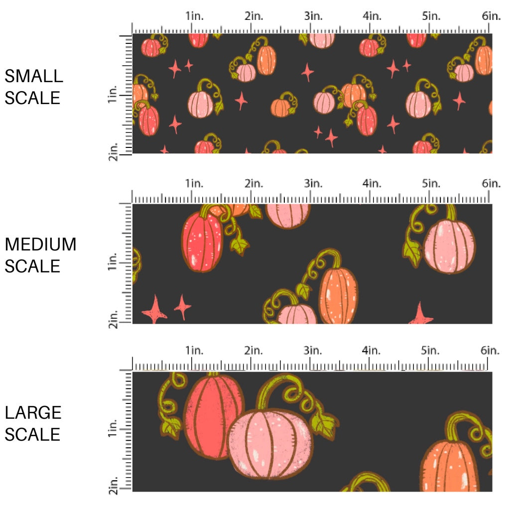 This scale chart of small scale, medium scale, and large scale of these Halloween themed pattern fabric by the yard features the following design elements: colorful pumpkins on black. This fun spooky themed fabric can be used for all your sewing and crafting needs!