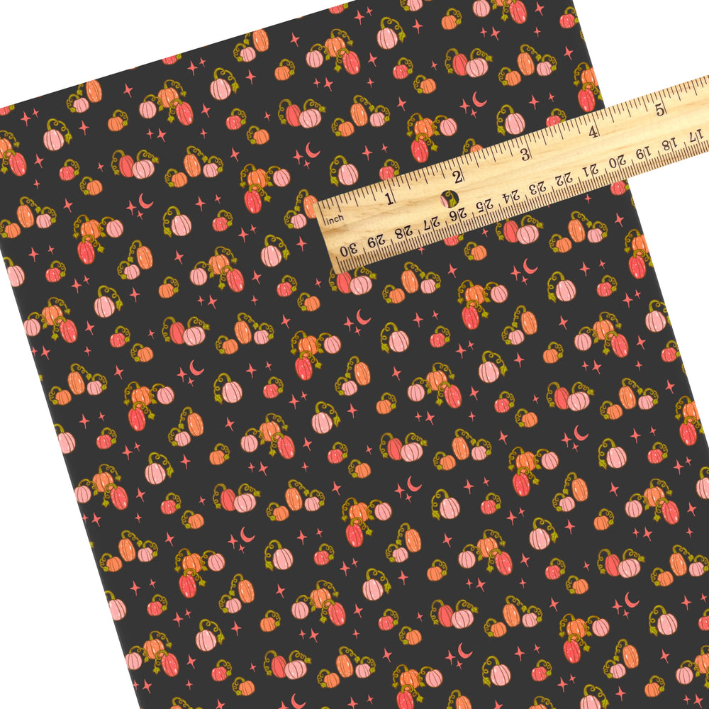 These Halloween themed pattern faux leather sheets contain the following design elements: colorful pumpkins on black. Our CPSIA compliant faux leather sheets or rolls can be used for all types of crafting projects.