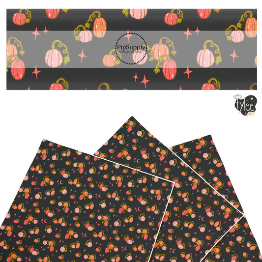 These Halloween themed pattern faux leather sheets contain the following design elements: colorful pumpkins on black. Our CPSIA compliant faux leather sheets or rolls can be used for all types of crafting projects.