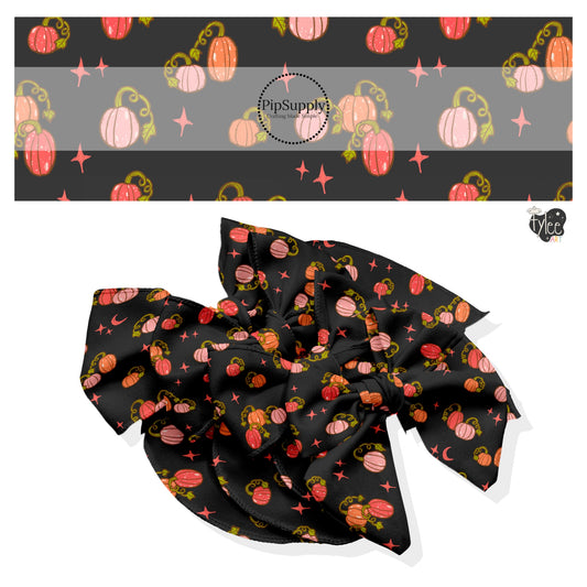 These Halloween themed no sew bow strips can be easily tied and attached to a clip for a finished hair bow. These fun spooky patterned bow strips are great for personal use or to sell. These bow strips feature the following design elements: colorful pumpkins on black.