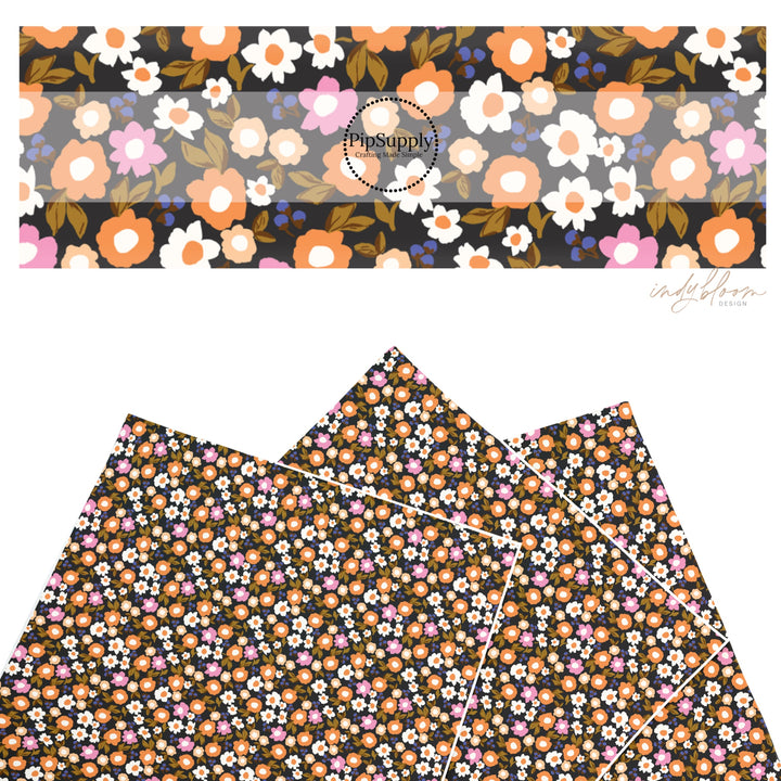 These Halloween themed pattern faux leather sheets contain the following design elements: multi color tiny flowers on black. Our CPSIA compliant faux leather sheets or rolls can be used for all types of crafting projects.