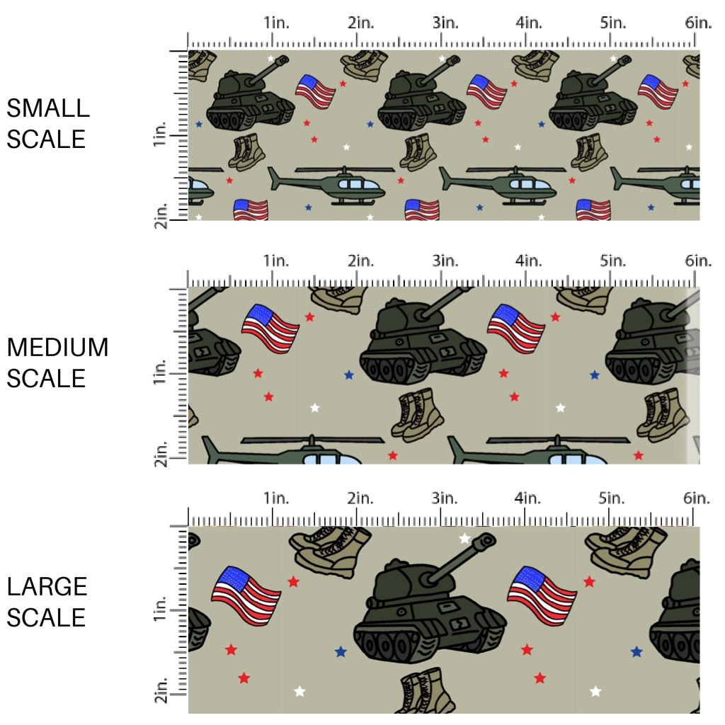 These military themed fabric by the yard features tanks, helicopters, and flags. These pattern fabric can be used for all your sewing and crafting needs!