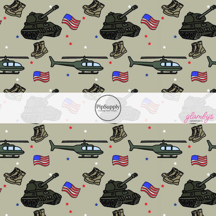 These military themed fabric by the yard features tanks, helicopters, and flags. These pattern fabric can be used for all your sewing and crafting needs!