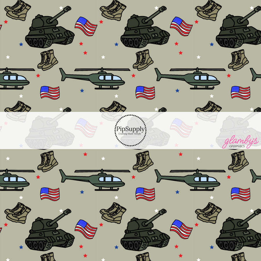 These military themed fabric by the yard features tanks, helicopters, and flags. These pattern fabric can be used for all your sewing and crafting needs!