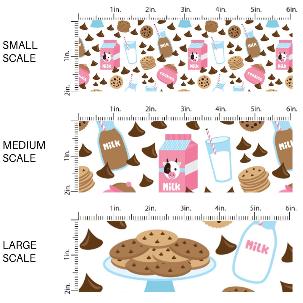 This scale chart of small scale, medium scale, and large scale of this summer fabric by the yard features milk and chocolate chip cookies. This fun themed fabric can be used for all your sewing and crafting needs!