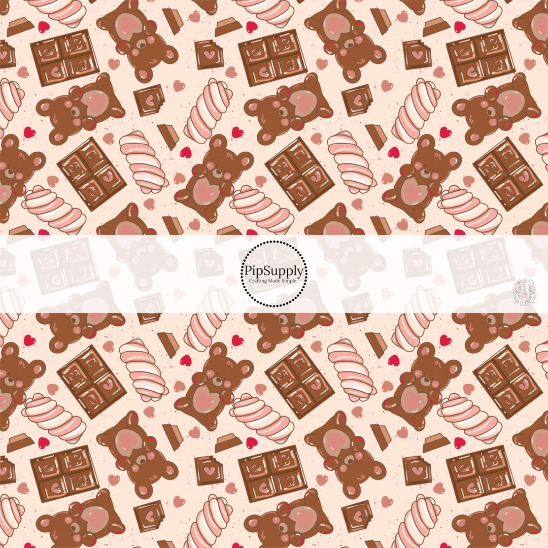 This holiday fabric by the yard features chocolate bears and treats. This festive pattern fabric can be used for all your sewing and crafting needs!