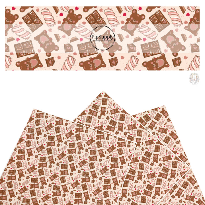 These holiday faux leather sheets contain the following design elements: chocolate bears and treats. Our CPSIA compliant faux leather sheets or rolls can be used for all types of crafting projects.