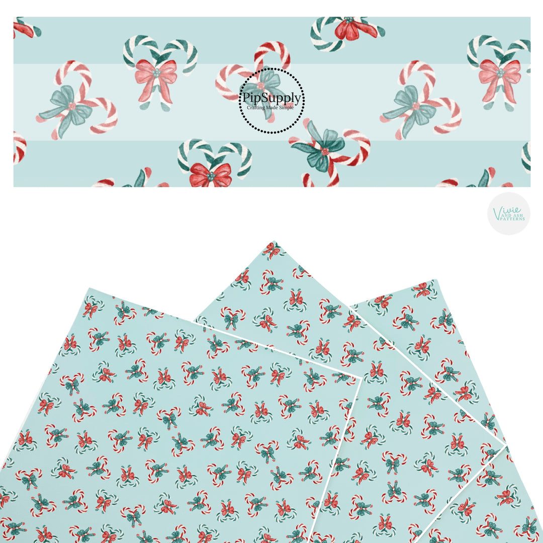 These winter themed pattern faux leather sheets contain the following design elements: candy canes on mint. Our CPSIA compliant faux leather sheets or rolls can be used for all types of crafting projects.