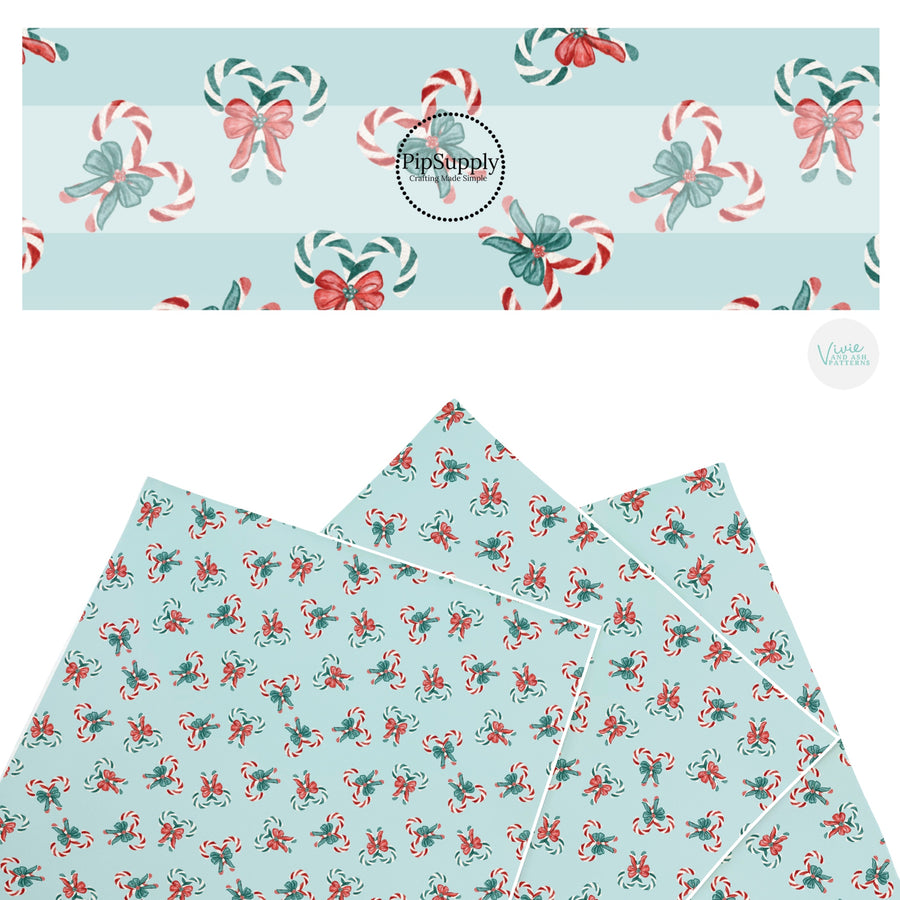 These winter themed pattern faux leather sheets contain the following design elements: candy canes on mint. Our CPSIA compliant faux leather sheets or rolls can be used for all types of crafting projects.