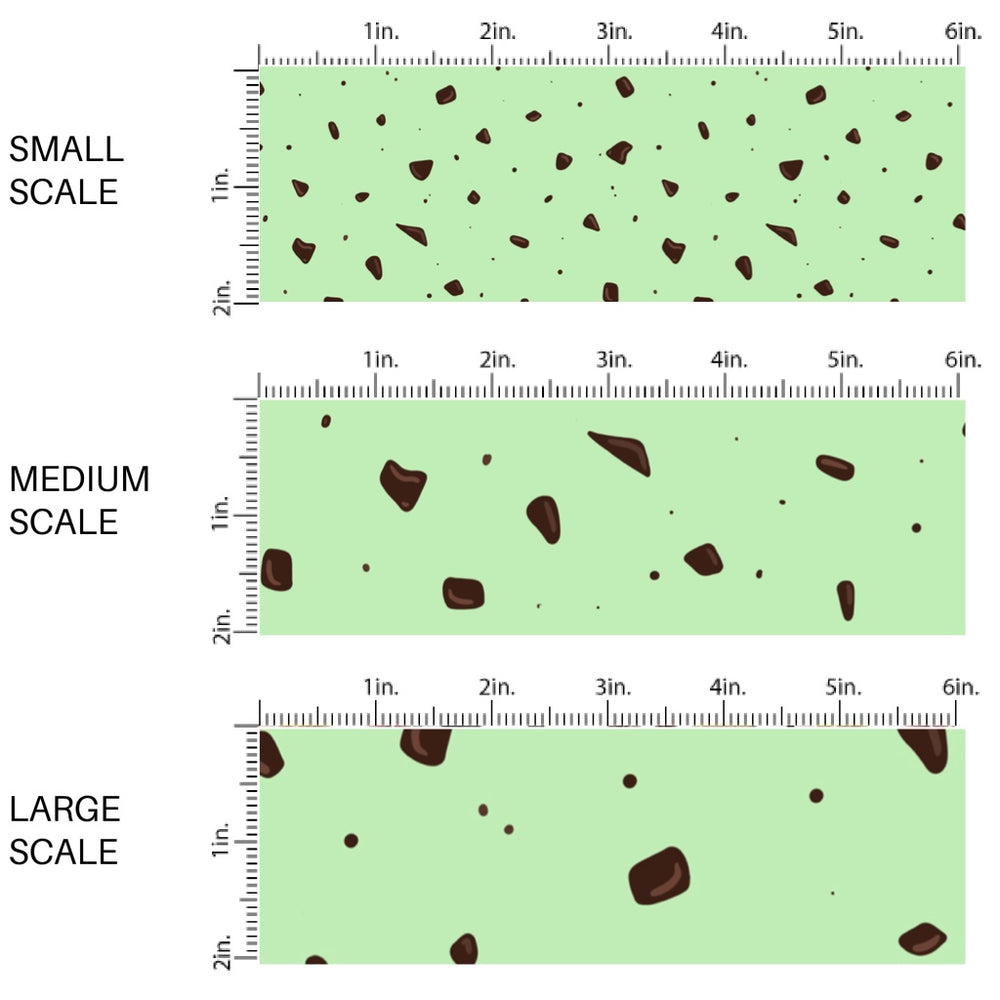 This scale chart of small scale, medium scale, and large scale of this ice cream fabric by the yard features mint chocolate chip ice cream. This fun themed fabric can be used for all your sewing and crafting needs!