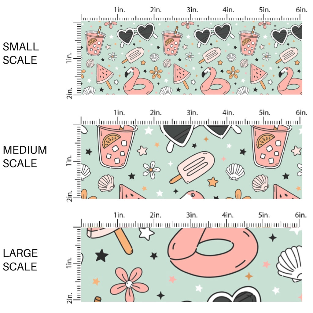 This scale chart of small scale, medium scale, and large scale of this summer fabric by the yard features pool party and treats on mint. This fun summer themed fabric can be used for all your sewing and crafting needs!