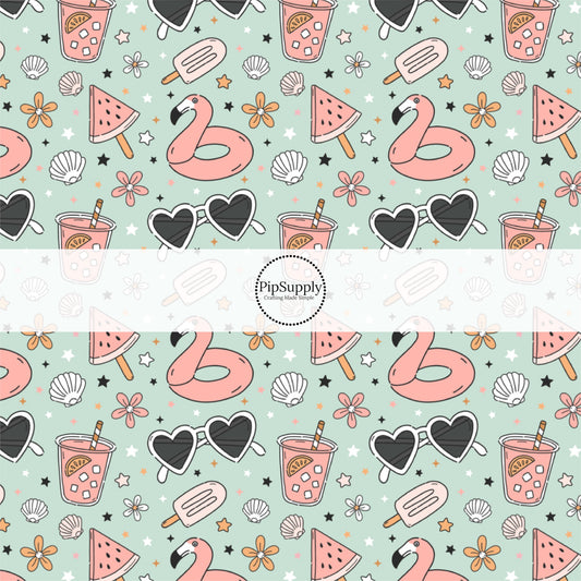 This summer fabric by the yard features pool party and treats on mint. This fun summer themed fabric can be used for all your sewing and crafting needs!