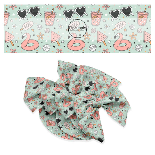 These summer themed no sew bow strips can be easily tied and attached to a clip for a finished hair bow. These summer patterned bow strips are great for personal use or to sell. These bow strips feature pool party and treats on mint.