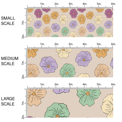 This scale chart of small scale, medium scale, and large scale of these floral themed light cream fabric by the yard features lavender, dark pink, mint, cream, and orange flowers.