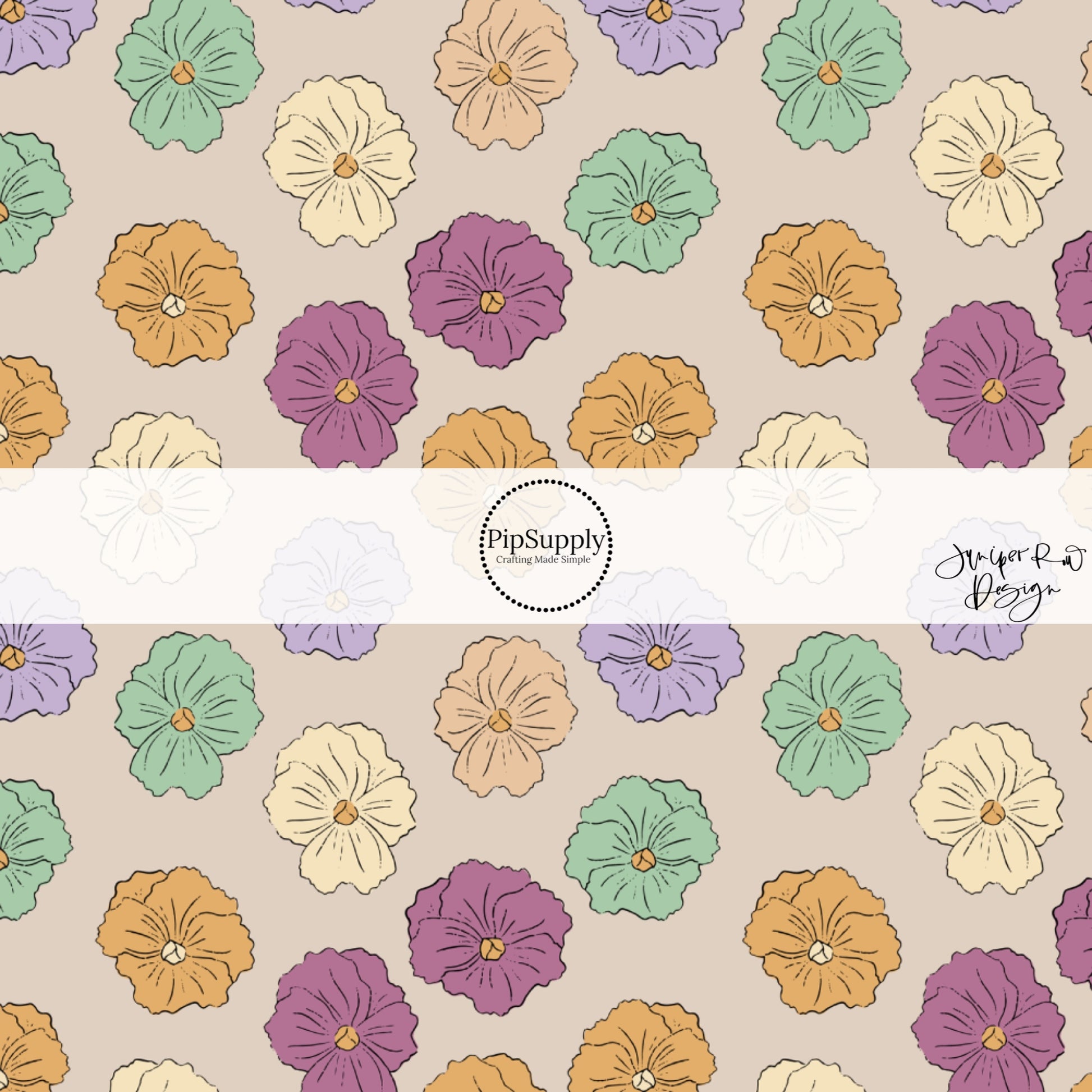 These floral themed light cream fabric by the yard features lavender, dark pink, mint, cream, and orange flowers.