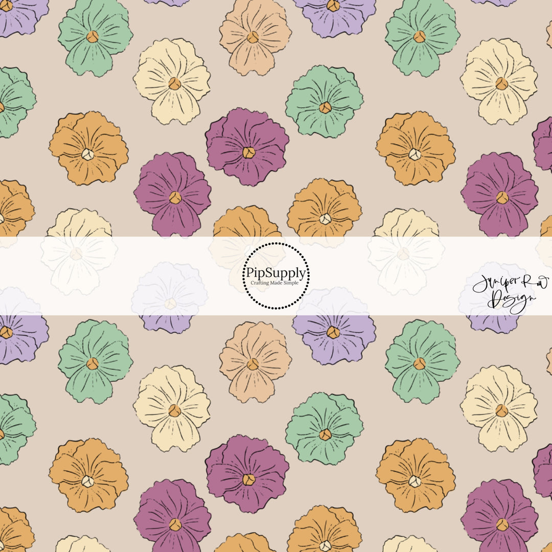 These floral themed light cream fabric by the yard features lavender, dark pink, mint, cream, and orange flowers.