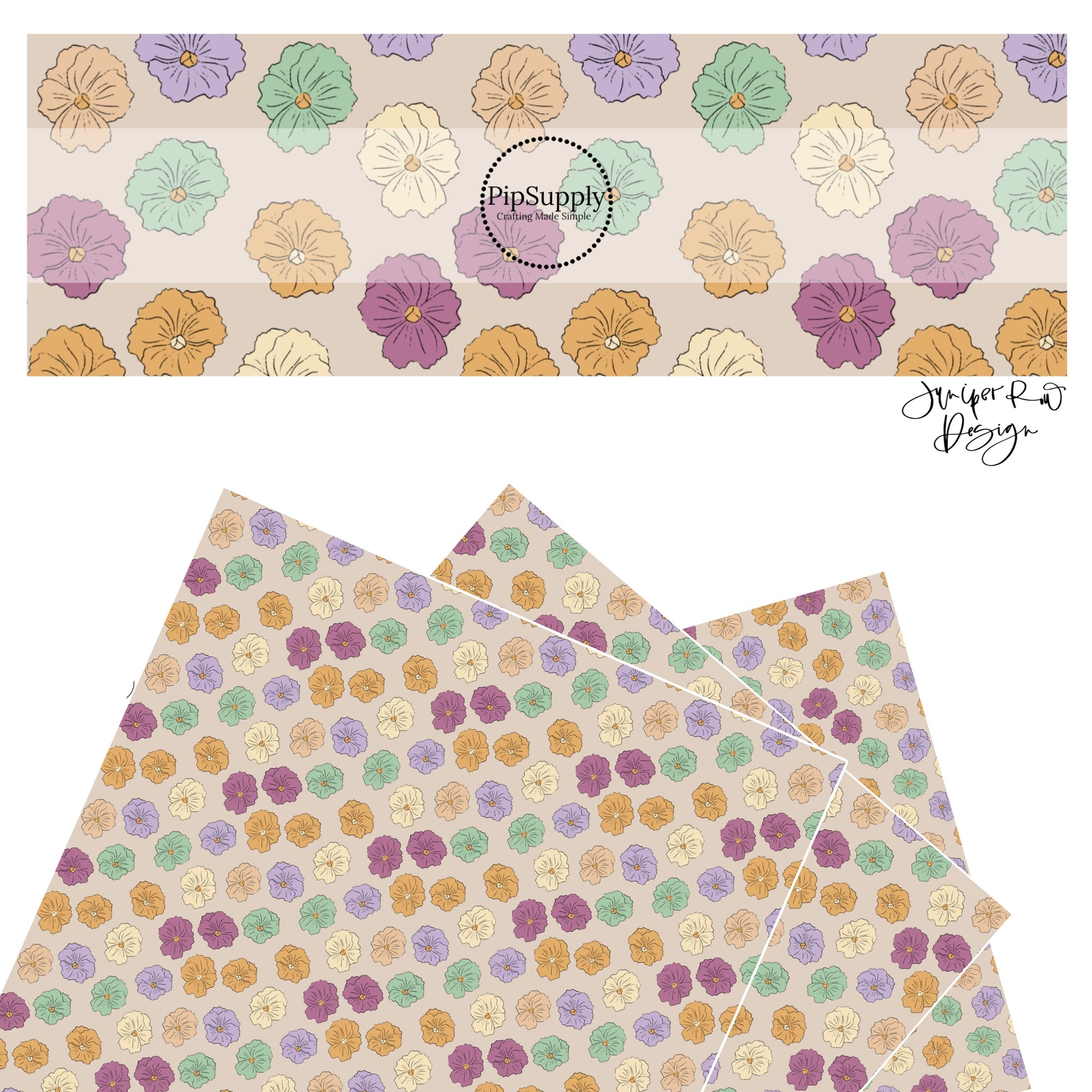 These floral themed light cream faux leather sheets contain the following design elements: lavender, dark pink, mint, cream and orange flowers.