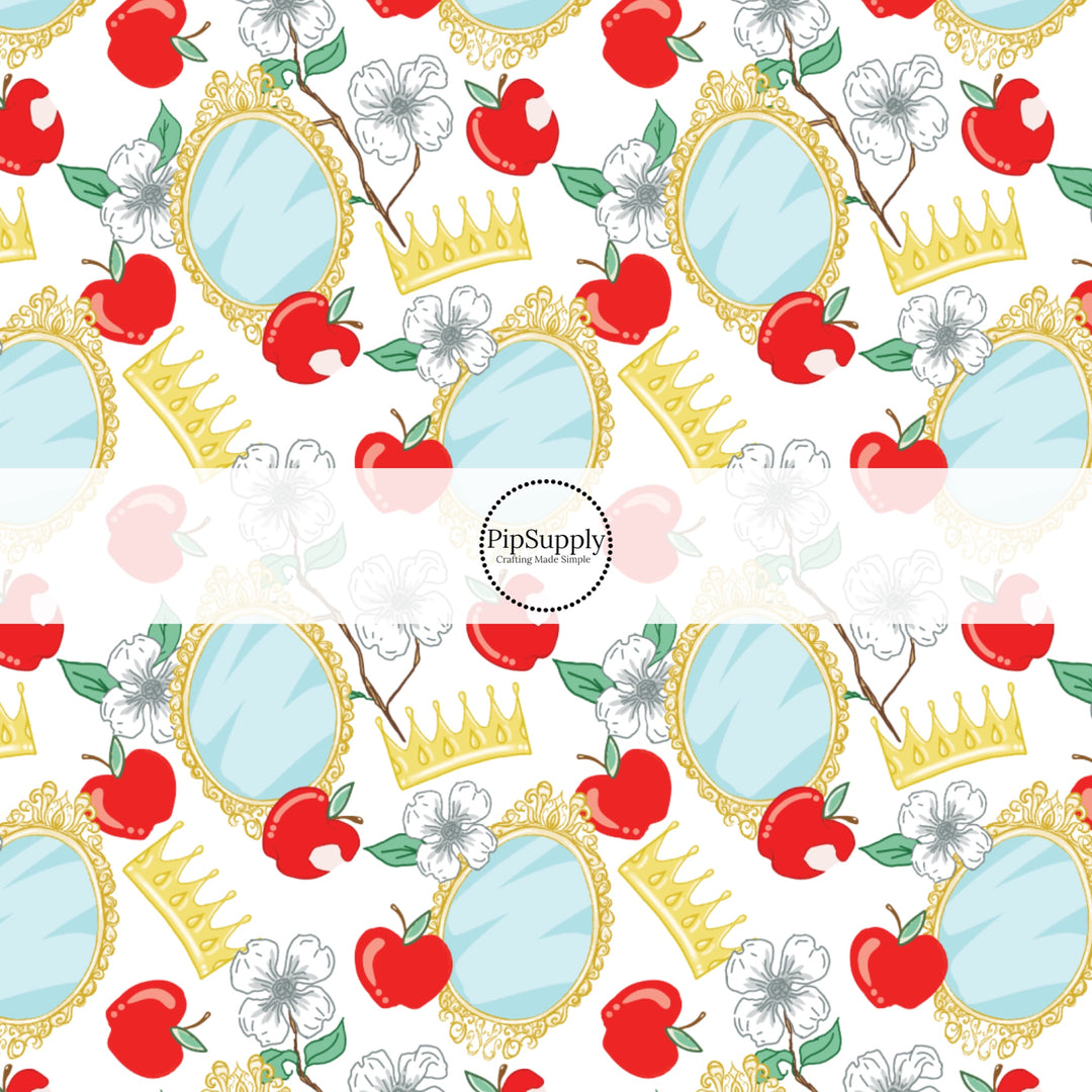 These magical princess themed fabric by the yard features apples, mirrors, and crowns. This fun pattern fabric can be used for all your sewing and crafting needs!