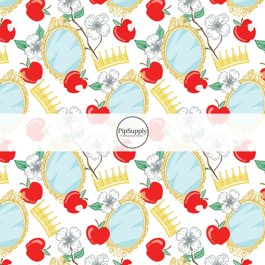 These magical princess themed fabric by the yard features apples, mirrors, and crowns. This fun pattern fabric can be used for all your sewing and crafting needs!