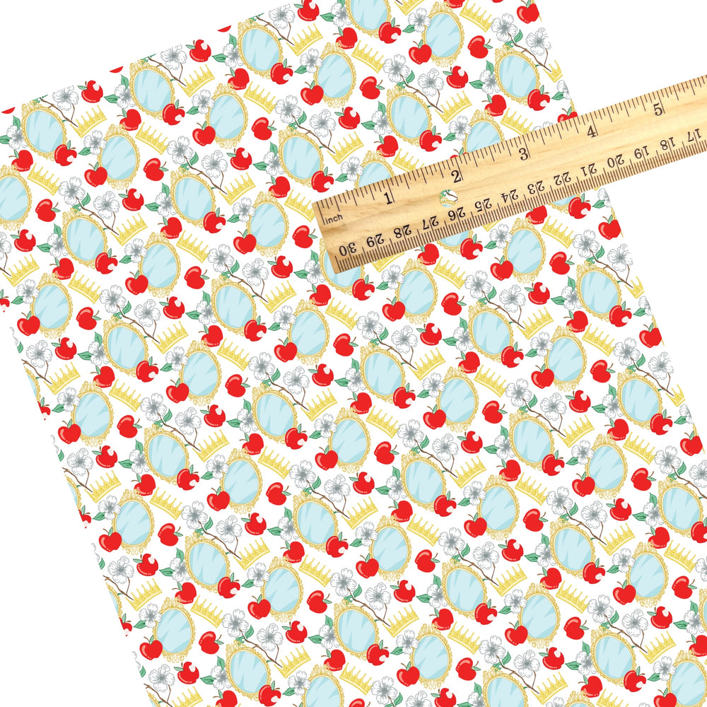 These magical princess themed faux leather sheets contain the following design elements: apples, mirrors, and crowns. Our CPSIA compliant faux leather sheets or rolls can be used for all types of crafting projects.