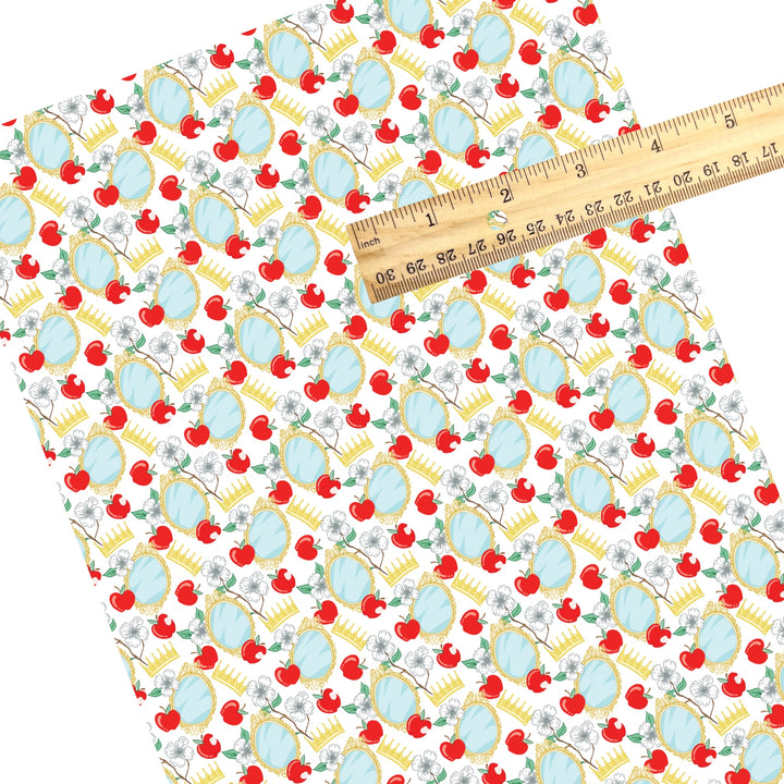 These magical princess themed faux leather sheets contain the following design elements: apples, mirrors, and crowns. Our CPSIA compliant faux leather sheets or rolls can be used for all types of crafting projects.