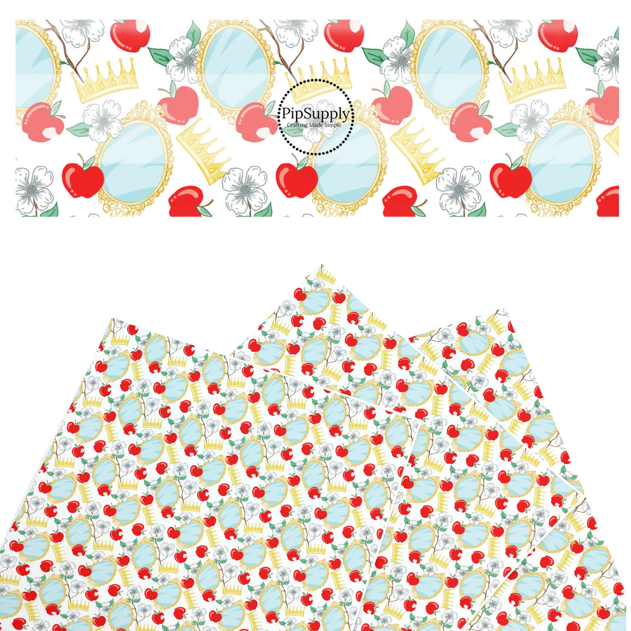 These magical princess themed faux leather sheets contain the following design elements: apples, mirrors, and crowns. Our CPSIA compliant faux leather sheets or rolls can be used for all types of crafting projects.