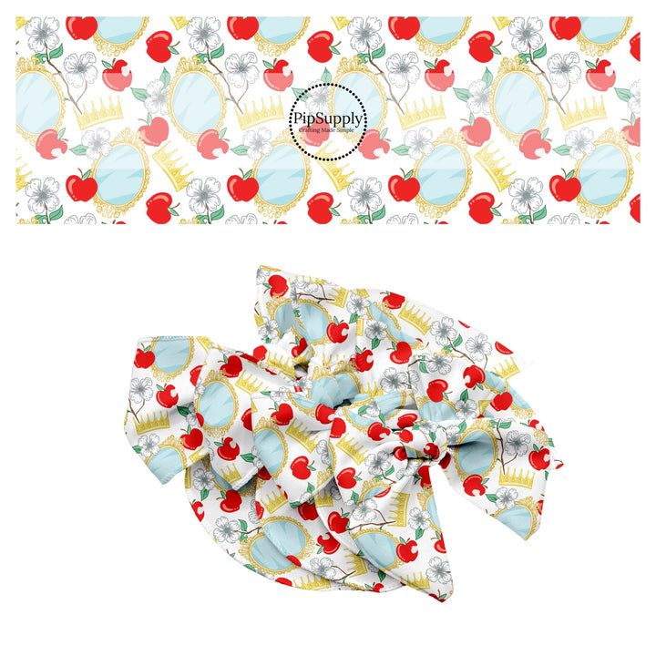 These magical princess themed no sew bow strips can be easily tied and attached to a clip for a finished hair bow. These bow strips are great for personal use or to sell. These bow strips feature the following design elements: apples, mirrors, and crowns.