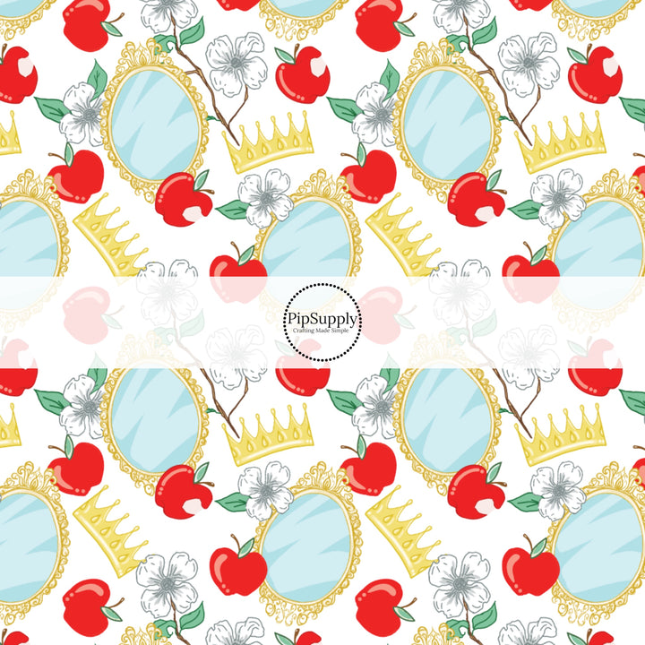 These magical princess themed no sew bow strips can be easily tied and attached to a clip for a finished hair bow. These bow strips are great for personal use or to sell. These bow strips feature the following design elements: apples, mirrors, and crowns.