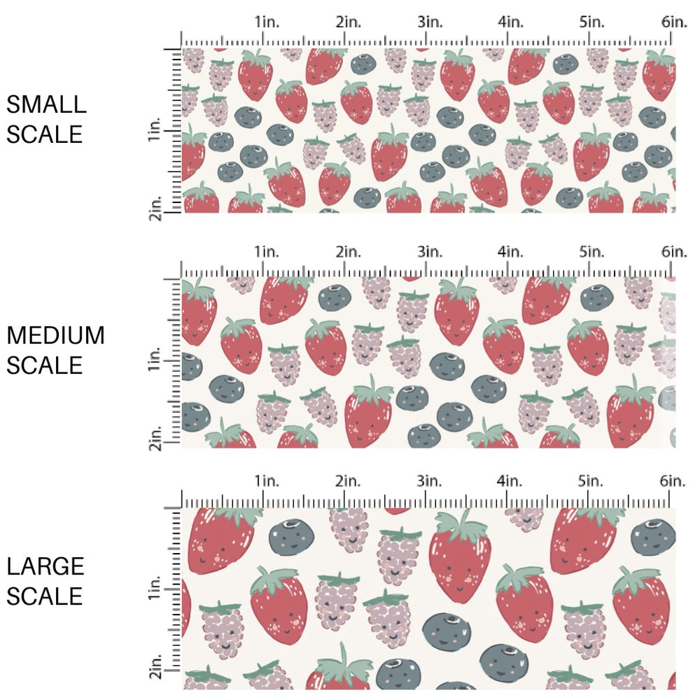 These spring fabric by the yard features spring berries with smiley faces. This fun pattern fabric can be used for all your sewing and crafting needs!